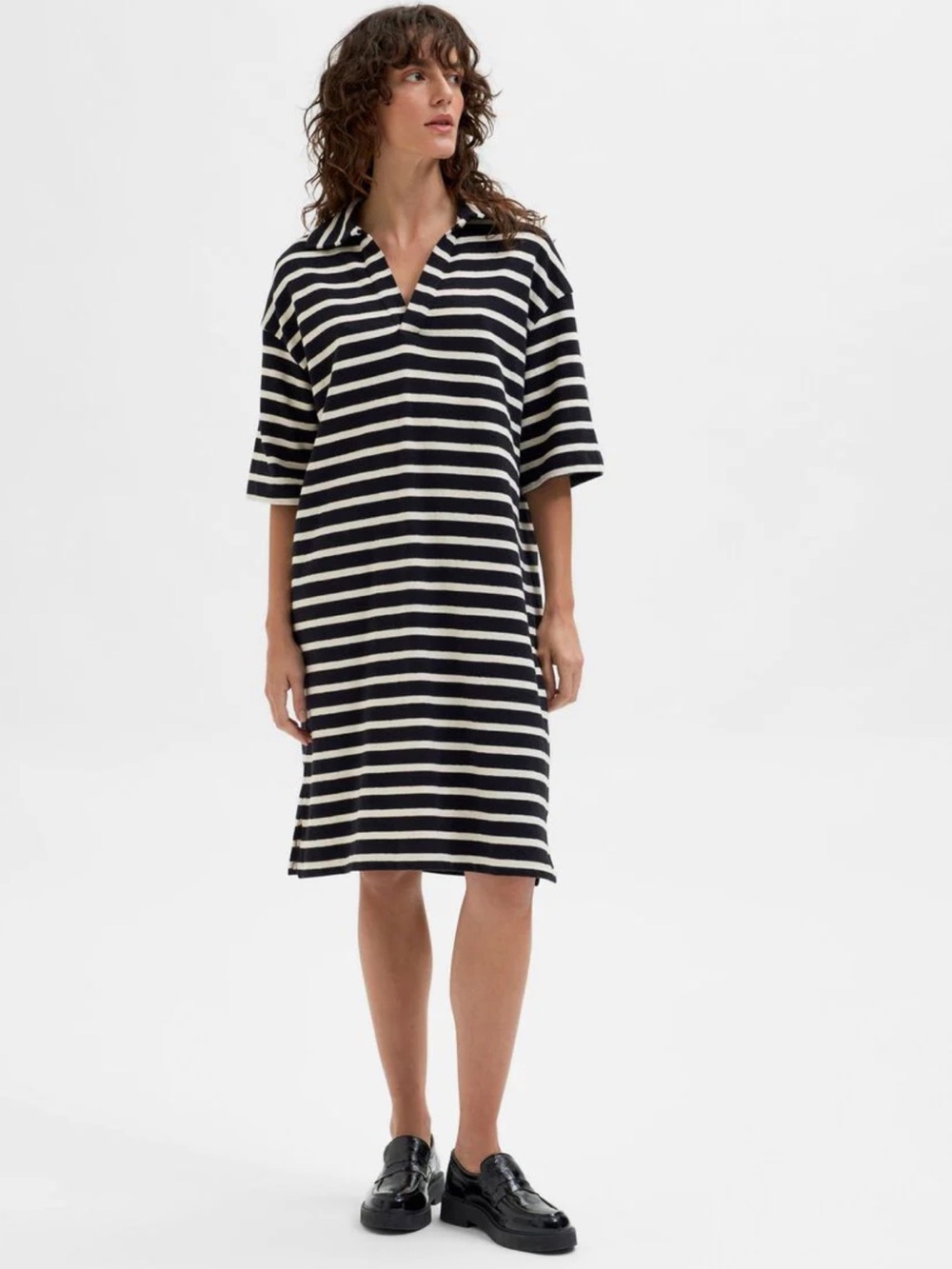 SELECTED FEMME Striped Short Sleeve Knee Length Dress Women’s White Black SZ XL